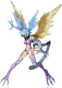 1girl bikini blue_hair blue_wings breasts brown_wings digimon digimon_(creature) feathered_wings full_body head_wings highres multiple_wings navel purple_bikini shutumon swimsuit watermark wings youzaiyouzai112