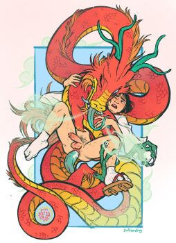 2boys anal artist_name black_hair breath captain_(softending) dragon eastern_dragon erection geta green_penis highres interspecies multiple_boys mythological_creature one_eye_closed open_mouth original penis penis_size_difference pubic_hair sex short_hair size_difference socks softending teeth testicles upper_teeth_only veins veiny_penis white_socks yaoi yuuto_(softending)