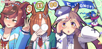 4girls :d @_@ banner blue_bow blue_eyes blue_hair blue_jacket blush bow brown_eyes brown_hair brown_vest center_frills chiwa_(chiwa0617) collared_shirt commentary_request dress_shirt frills glasses green_background green_jacket grey-framed_eyewear hand_glasses hand_up heterochromia highres holding ikuno_dictus_(mantle_of_steel)_(umamusume) ikuno_dictus_(umamusume) jacket long_sleeves matikanetannhauser_(panpaka_tiltott)_(umamusume) matikanetannhauser_(umamusume) milestone_celebration multicolored_hair multiple_girls nice_nature_(run&amp;win)_(umamusume) nice_nature_(umamusume) nose_blush opaque_glasses open_clothes open_jacket open_mouth ponytail puffy_long_sleeves puffy_sleeves purple_eyes round_eyewear sharp_teeth shirt sleeves_past_wrists smile streaked_hair streamers stuffed_animal stuffed_rabbit stuffed_toy sweat teeth twin_turbo_(blast_mode!_turbo_engine)_(umamusume) twin_turbo_(umamusume) twitter_username two-tone_hair umamusume veil vest w white_hair white_jacket white_shirt white_veil