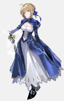 1girl ahoge artoria_pendragon_(fate) blonde_hair blue_dress braid braided_bun bun_with_braided_base dress excalibur_(fate/stay_night) fate/stay_night fate_(series) green_eyes hair_bun hair_ribbon highres holding long_sleeves ribbon saber_(fate) solo sword weapon white_background yuuli_(tuna221022)