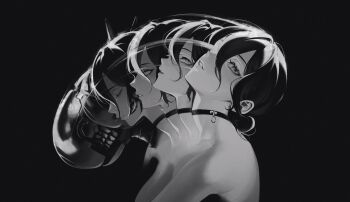 1girl bare_shoulders black_background bomb_devil_(chainsaw_man) chainsaw_man choker closed_eyes closed_mouth commentary double-parted_bangs from_side greyscale hair_between_eyes highres looking_at_viewer monochrome multiple_views parted_lips progression reze_(chainsaw_man) rolling_eyes short_hair siiar_(lvlcmxcix) simple_background smile transformation turning_head upper_body