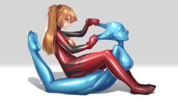 2girls absurdres asphyxiation bdsm blonde_hair bodysuit bondage bound breasts commission femdom full_body highres large_breasts long_hair maoge mecha_pilot_suit multiple_girls neon_genesis_evangelion pixiv_commission plugsuit_(evangelion) red_bodysuit restrained senjou_teki_rouso shiny_clothes sitting sitting_on_person skin_tight smile souryuu_asuka_langley