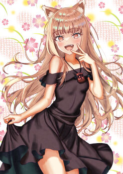 1girl absurdres animal_ear_fluff animal_ears bare_shoulders black_dress blush brown_eyes brown_hair commentary_request cowboy_shot dress fang hand_up highres holo long_hair looking_at_viewer open_mouth skirt_hold sleeveless sleeveless_dress solo spice_and_wolf uta_kumokiri v wolf_ears wolf_girl