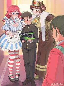 1boy 3girls blue_bow blue_eyes blush bow boyfriend_(yoru_mac) braid breasts burger_king cleavage cleavage_cutout clothing_cutout crown curly_hair dress freckles geforce_rtx_4090 girlfriend_(yoru_mac) graphics_card hair_bow highres large_breasts licking_lips long_hair mcdonald&#039;s multiple_girls nvidia pantyhose product_girl puffy_sleeves red_hair school_uniform sharp_teeth sin_(sintrybest) smile striped_clothes striped_dress striped_pantyhose striped_thighhighs teeth the_king_(burger_king) thighhighs tongue tongue_out twin_braids twintails twitter_username vertical_stripes wendy&#039;s wendy_(wendy&#039;s) yoru_mac