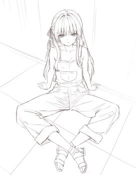 1girl alternate_costume arm_support bare_shoulders breasts chisa_(wuthering_waves) cleavage closed_mouth collarbone commentary crossed_ankles ddcc0123 from_above greyscale hair_ribbon highres looking_at_viewer medium_breasts mole mole_under_eye monochrome open-toe_shoes overalls pants pants_rolled_up ribbon sandals sitting sketch solo wuthering_waves