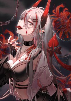 1girl belt_collar black_bow black_bra black_collar black_gloves black_horns black_nails black_sclera black_skirt bow bra breasts chain chest_tattoo cleavage collar colored_sclera commission demon_girl demon_horns eyelashes facial_mark fingerless_gloves flower flower_tattoo gloves gradient_horns grey_eyes grey_hair hair_between_eyes heart heart_facial_mark highres horns indie_virtual_youtuber large_breasts long_hair midriff mishima_nina mismatched_eyes mole mole_under_eye mole_under_mouth multicolored_hair multicolored_horns multiple_moles navel neck_tattoo pointy_ears red_flower red_hair red_horns skirt slit_pupils solo spider_lily streaked_hair tail tail_bow tail_ornament tally tattoo tongue tongue_out underwear vgen_commission virtual_youtuber viscerae_(vtuber)