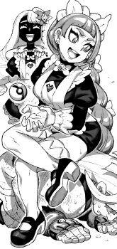 1boy 2girls ^_^ after_battle all_fours apron bow bowtie braid braided_ponytail closed_eyes dress fascinator fingerless_gloves fingernails full_body gloves greyscale hand_on_own_wrist highres holding_own_wrist human_chair human_furniture ireading ivor_(pokemon) jacinthe_(pokemon) juliet_sleeves lebanne_(pokemon) long_fingernails long_hair long_sleeves looking_at_another looking_down maid maid_apron maid_headdress mary_janes monochrome multiple_girls muscular muscular_male nintendo open_mouth poke_ball poke_ball_(basic) pokemon pokemon_legends:_z-a puffy_sleeves romper scratches sharp_fingernails shoes single_braid sitting sitting_on_person smile teeth thighhighs upper_teeth_only very_long_hair