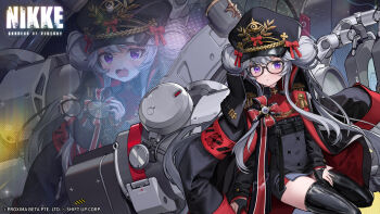 Rule 34 | 1girl, absurdres, avistar (nikke), black-framed eyewear, black gloves, black thighhighs, blush, closed mouth, clothes on shoulders, different zoom layer, double bun, epaulettes, fang, gloves, goddess of victory: nikke, grey hair, hair bun, hand on own thigh, hat, highres, holding, holding removed eyewear, long hair, long sidelocks, long sleeves, looking at viewer, official alternate costume, official art, open mouth, partially fingerless gloves, peaked cap, purple eyes, red hair, robot, shiny clothes, sidelocks, teardrop, thighhighs, twintails, unworn eyewear, very long hair, very long sidelocks, wavy mouth, zoom layer