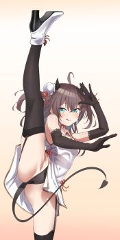 Rule 34 | 1girl, absurdres, ahoge, aqua eyes, axe kick, bad id, bad twitter id, black gloves, black panties, black thighhighs, blush, brown hair, cameltoe, china dress, chinese clothes, crossed bangs, demon horns, demon tail, double bun, dress, elbow gloves, garter straps, gloves, gradient background, hair bun, high heels, highres, hololive, horns, leg up, long hair, looking at viewer, natsuiro matsuri, orange background, panties, pussy juice stain, shinomu (cinomoon), solo, split, standing, standing on one leg, standing split, tail, thighhighs, thighs, tongue, underwear, virtual youtuber, white dress