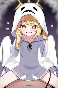 1boy 1girl absurdres black_ribbon black_tail black_wings blonde_hair blue_archive blush commentary covered_penetration cowgirl_position demon_girl demon_tail demon_wings ghost_costume girl_on_top grin hair_ribbon halloween halloween_costume halo heart hetero highres hood hood_up ibuki_(blue_archive) loli looking_at_viewer parted_lips pointy_ears pov pov_crotch revision ribbon sex smile solo_focus straddling tail teeth vaginal wings yellow_eyes yellow_halo zing_(z_z_zing)