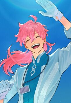 1boy ahoge arm_up blue_jacket blue_shirt blue_sky bui_(buupopopopopo) clenched_hand closed_eyes day fate/grand_order fate_(series) floating_hair gloves hair_between_eyes hand_up happy highres id_card jacket long_hair long_sleeves low_ponytail male_focus mandarin_collar open_clothes open_jacket open_mouth outdoors pink_hair ponytail romani_archaman shirt sky smile solo sunlight teeth tongue wavy_hair white_gloves