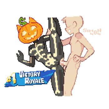 1boy 1girl anal animal_ears artist_name black_bodysuit bodysuit breasts cat_ears character_request clothed_female_nude_male commentary english_commentary faceless faceless_male fortnite hetero highres jack-o&#039;-lantern jack-o&#039;-lantern_head leg_up medium_breasts nude penis sex sim0n404 simple_background skeleton_costume split standing standing_on_one_leg standing_sex standing_split testicles torn_bodysuit torn_clothes white_background