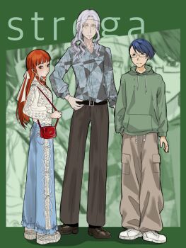 Rule 34 | 1girl, 2boys, absurdres, alternate costume, alternate hairstyle, bag, baggy pants, belt, black-framed eyewear, black belt, blue eyes, blue hair, blue pants, blue shirt, blunt bangs, border, breasts, brown eyes, brown pants, brown shoes, cargo pants, closed mouth, collarbone, commentary request, denim, dress shirt, from side, fukufu (user xunw3822), full body, green border, green hoodie, group name, hair ribbon, half updo, hand in pocket, hand on own hip, handbag, height difference, highres, holding strap, hood, hoodie, jeans, lace shirt, long hair, long sleeves, looking at viewer, looking to the side, low side ponytail, medium breasts, multiple boys, outside border, pants, persona, persona 3, rectangular eyewear, red bag, red hair, ribbon, sakaki takaya, semi-rimless eyewear, shadow, shirato jin, shirt, shoes, short hair, side ponytail, sidelocks, standing, undercut, wavy hair, white hair, white ribbon, white shirt, white shoes, yellow eyes, yoshino chidori, zoom layer