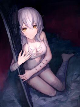 1girl absurdres bandaged_arm bandaged_leg bandages bare_shoulders breasts chinese_commentary cleavage code_vein dress hair_between_eyes highres io_(code_vein) large_breasts looking_at_viewer planted planted_sword planted_weapon sleeveless sleeveless_dress solo sword torn_clothes torn_dress weapon white_dress white_hair yellow_eyes zxcould23