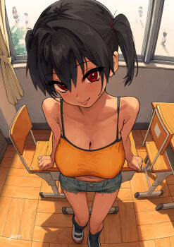 1girl :p black_hair black_socks breasts brown_eyes camisole classroom cleavage commentary_request curtains denim denim_shorts desk forest gaki_kyonyuu grey_shorts highres indoors kaedeko_(kaedelic) large_breasts looking_at_viewer mesugaki midriff nature navel oppai_loli people sasaki_kanna school_desk shoes short_shorts shorts socks solo_focus tongue tongue_out twintails uwabaki yellow_camisole