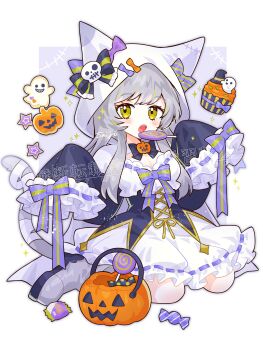 1girl absurdres animal_ears blush boots breasts candy cat_ears cat_girl cat_tail cleavage commentary_request cupcake dress food frilled_dress frilled_sleeves frills full_body green_eyes grey_boots grey_hair halloween halloween_costume highres hood hood_up jack-o&#039;-lantern large_breasts lollipop long_hair long_sleeves looking_at_viewer open_mouth original ribbon-trimmed_sleeves ribbon_trim saijo1201 sitting sleeves_past_fingers sleeves_past_wrists solo swirl_lollipop tail teeth upper_teeth_only wariza white_dress wrapped_candy