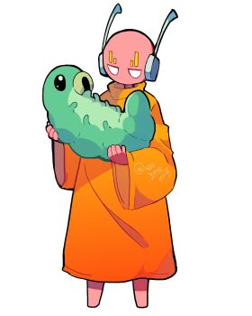1boy absurdres androgynous artist_name barefoot black_eyes caterpillar colored_skin commentary creature crossover english_commentary facial_mark five_pebbles forehead_mark grub_(hollow_knight) highres holding holding_creature hollow_knight humanoid_robot iterator_(rain_world) larva no_mouth no_nose orange_robe pink_skin rain_world robe robot robot_ears signature white_background wide-eyed wuu_yuuno