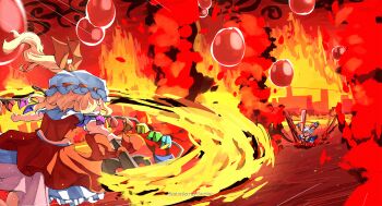 2girls blonde_hair blood bubble commentary commentary_request crystal curly_hair detached_sleeves dress fighting fire flandre_scarlet frilled_skirt frilled_sleeves frills hat hat_ribbon hell highres horn_ornament horn_ribbon horns laevatein_(touhou) mob_cap multiple_girls one_side_up pool_of_blood puffy_short_sleeves puffy_sleeves red_eyes red_skirt red_vest ribbon sachisudesu sheep_horns short_hair short_sleeves side_ponytail skirt skirt_set spork touhou sunken_fossil_world toutetsu_yuuma vest watermark white_hair wings