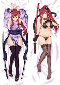 1girl animal_ears arms_up back_bow bed_sheet bikini black_bikini black_gloves black_hairband black_thighhighs blue_bow bow breasts brown_eyes buckle cat_ears cat_tail cleavage collar dakimakura_(medium) detached_sleeves erza_scarlet fairy_tail fake_animal_ears floral_print from_above full_body gloves hairband high_ponytail holding holding_sheath japanese_clothes katana kimono large_breasts long_hair long_sleeves looking_at_viewer lying moeanime navel obi on_back ponytail print_kimono print_sleeves purple_kimono purple_sleeves red_collar red_hair sash sheath shiny_clothes shiny_legwear short_kimono sleeveless sleeveless_kimono solo split_screen swimsuit sword tabi tail thighhighs underboob very_long_hair weapon wide_sleeves