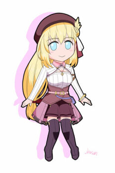 1girl agnes_claudel artist_name beret black_thighhighs blonde_hair blue_eyes bob_cut bracelet braid bun_with_braided_base chibi double-parted_bangs eiyuu_densetsu full_body hair_between_eyes hair_bun hat jewelry kai_no_kiseki kuro_no_kiseki_(series) long_hair long_sleeves low-tied_long_hair lowres pendant red_hat simple_background single_side_bun skirt solo sweater thighhighs white_background xiacheng_tatsuya