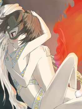 2girls blush bone brown_hair brown_mask fossilized_wonders grey_hair hand_on_another's_head highres hug iwanaga_ariya long_hair mask mask_over_one_eye multiple_girls natsuhashi_kyo nude red_eyes ribbon_around_body short_hair skeletal_wings snake snake_wrapped_around_body touhou wings yuiman_asama