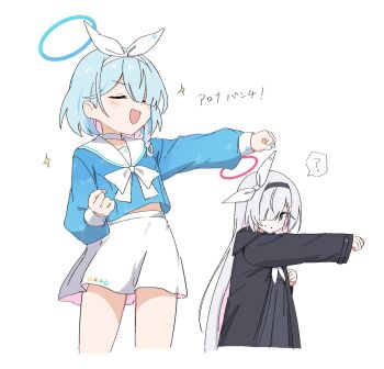 Rule 34 | 2girls, ?, arona (blue archive), black hairband, black jacket, black skirt, blue archive, blue hair, blue shirt, blush, bow, bow hairband, bowtie, choker, clenched hands, closed eyes, cropped legs, grey eyes, hair over one eye, hairband, halo, highres, jacket, long sleeves, looking at another, multiple girls, one eye covered, open clothes, open jacket, open mouth, plana (blue archive), sailor collar, shiroirosky, shirt, simple background, skirt, sparkle, spoken question mark, standing, sweatdrop, translation request, upper body, v-shaped eyebrows, white background, white bow, white bowtie, white choker, white hairband, white sailor collar, white skirt