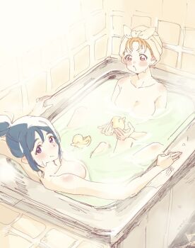 2girls akira_hjk blue_hair blush breasts closed_mouth collarbone commentary_request completely_nude hair_bun highres indoors large_breasts looking_at_viewer love_live! love_live!_sunshine!! matsuura_kanan multiple_girls nude open_mouth orange_hair purple_eyes red_eyes rubber_duck same-sex_bathing shared_bathing short_hair sidelocks single_hair_bun split_mouth takami_chika tile_wall tiles v-shaped_eyebrows