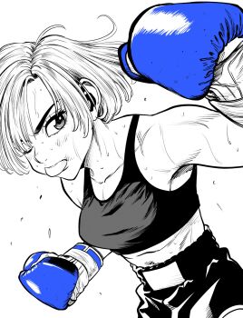 Rule 34 | 1girl, blue gloves, boxing, boxing gloves, boxing shorts, breasts, commentary request, eyebrows hidden by hair, flying sweatdrops, gloves, greyscale, hatching (texture), highres, lee (dragon garou), medium breasts, midriff, monochrome, mouth guard, one eye closed, original, short hair, shorts, solo, sports bra, spot color, sweat, upper body, very sweaty