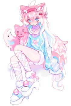1girl absurdres animal animal_ears blue_shirt cat cat_ears cat_girl cat_tail cloud_(lufaeris) commentary double-parted_bangs feathered_wings full_body fur-trimmed_shoes gradient_hair hair_between_eyes head_wings high_heels highres long_hair long_sleeves looking_at_viewer multicolored_hair original parted_lips pink_cat platform_shoes shirt shoes simple_background sleeves_past_fingers sleeves_past_wrists solo symbol-only_commentary tail white_background white_shoes wings