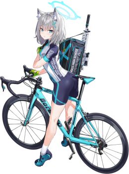 1girl animal_ear_fluff animal_ears arched_back ass assault_rifle backpack bag bicycle bike_jersey bike_shorts blue_archive blue_bike_shorts blue_eyes blue_halo blue_shoes bob_cut breasts bright_pupils charm_(object) cleats closed_mouth clothes_writing clothing_cutout cross cross_hair_ornament english_text extra_ears female_focus from_behind full_body game_asset glove_cutout gloves green_gloves grey_hair hair_ornament halo hand_up holding_strap kneepits large_variant_set latin_cross leaning_forward legs looking_at_viewer mismatched_pupils multicolored_shirt mx2j nervous official_art raised_inner_eyebrows road_bicycle scope shiroko_(blue_archive) shiroko_(cycling)_(blue_archive) shirt shoes short_hair short_sleeves sidelocks sig_sauer_556 simple_background small_breasts socks solo split_mouth standing sweat tachi-e third-party_source tiptoes transparent_background variant_set very_sweaty white_pupils white_socks wolf_ears wolf_girl