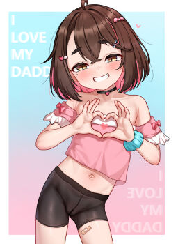 1girl bandaid bandaid_on_leg blue_background blush brown_eyes brown_hair choker covering_breasts covering_privates crop_top eyebrows_visible_through_hat fangs flat_chest gemba_(dlfms75) hair_between_eyes hair_ornament hair_ribbon heart heart_choker heart_hair_ornament heart_hands highres loli looking_at_viewer midriff mizuki_yui_(gemba_(dlfms75)) mole mole_under_eye multicolored_hair navel original pantyhose pink_background pink_hair ribbon scrunchie see-through_pantyhose short_hair simple_background smile solo text_background white_background wrist_scrunchie