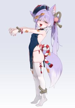 1girl ahoge animal_ears armpit_crease bare_shoulders blue_dress blue_eyes breasts covered_navel dress fox_ears fox_girl fox_tail from_side full_body hat heterochromia highres jiangshi_costume long_hair looking_at_viewer no_shoes ofuda open_mouth outstretched_arms panties pelvic_curtain ponytail purple_hair qingdai_guanmao sangobob sharp_teeth side-tie_panties skindentation sleeveless sleeveless_dress small_breasts smile solo stellive string_panties sweatdrop tail teeth tenko_shibuki thighhighs tiptoes tongue tongue_out underwear very_long_hair virtual_youtuber white_thighhighs yellow_eyes zombie_pose