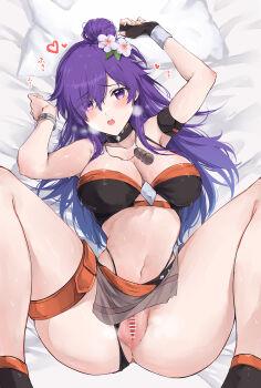 1girl :o absurdres armband bar_censor bare_shoulders bikini black_bikini black_choker black_gloves breasts censored choker cleavage commentary_request commission female_shez_(fire_emblem) female_shez_(summer)_(fire_emblem) fingerless_gloves fire_emblem fire_emblem:_three_houses fire_emblem_heroes fire_emblem_warriors:_three_hopes flower gloves hair_bun hair_flower hair_ornament hair_over_one_eye head_on_pillow highres large_breasts long_hair navel nintendo official_alternate_costume on_bed open_mouth partial_commentary pillow purple_eyes purple_hair pussy second-party_source single_hair_bun skeb_commission solo stomach swimsuit thigh_strap thighs white_flower yuuri_(orz_commushows)