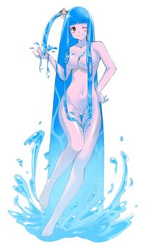 1girl absurdly_long_hair absurdres black_eyes blue_hair blunt_bangs blush borrowed_character breasts collarbone convenient_censoring covered_erect_nipples female_focus full_body hand_on_own_hip highres j@ck kelda_(akairiot) large_breasts liquid_hair long_hair looking_at_viewer navel nude one_eye_closed original simple_background smile solo splashing standing standing_on_one_leg very_long_hair water water_censor white_background