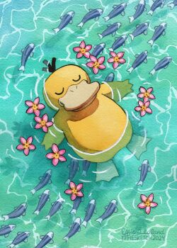 Rule 34 | 1other, 2024, artist name, closed eyes, closed mouth, commentary, dated, effie lealand, english commentary, english text, fish, flower, gen 1 pokemon, highres, lying, nintendo, no humans, on back, painting (medium), partially submerged, pink flower, pokemon, pokemon (creature), pokemon focus, psyduck, relaxing, smile, traditional media, water, watercolor (medium)