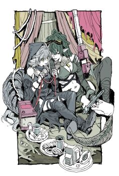 Rule 34 | 2girls, arknights, black dress, breasts, crocodilian tail, cup, dress, eyewear on head, food, gavial (arknights), gavial the invincible (arknights), green hair, highres, hood, multiple girls, nobita (makoto7060355), plate, pointy ears, sitting, tail, thighhighs, tomimi (arknights), white thighhighs, yellow eyes
