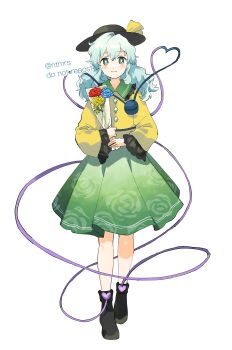 Rule 34 | 1girl, absurdres, black hat, black shoes, blue flower, blue rose, blush, bouquet, bright pupils, buttons, collar, commentary request, diamond button, floral print, floral print skirt, flower, frilled shirt collar, frills, full body, green collar, green eyes, green hair, green skirt, hat, hat ribbon, highres, holding, holding bouquet, komeiji koishi, long hair, long sleeves, looking at viewer, natsume (menthol), print skirt, red flower, red rose, ribbon, rose, rose print, shirt, shoes, skirt, smile, solo, third eye, touhou, watermark, white pupils, yellow flower, yellow rose, yellow shirt