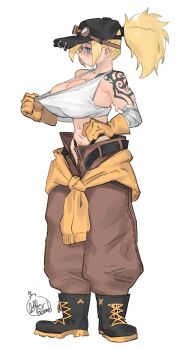 1girl bandages bandaid bandaid_on_face bandaid_on_nose baseball_cap belt bitter_bomb black_panties blonde_hair blue_eyes blush boots breasts clothes_around_waist clothes_pull crop_top gloves goggles goggles_on_head goggles_on_headwear hat highleg highleg_panties highres large_breasts open_pants panties pants ponytail pubic_hair pubic_hair_peek shirt standing sweat sweatdrop sweater sweater_around_waist tank_top tattoo arm_tattoo top_pull underwear