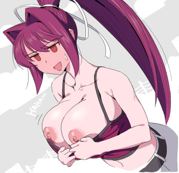 1girl blush breasts camisole cleavage collarbone crop_top embarrassed hair_intakes hair_ribbon large_breasts long_hair midriff navel nipples outdoors ponytail pulling_own_clothes purple_hair red_eyes ribbon solo touniyuu under_night_in-birth very_long_hair yuzuriha_(under_night_in-birth)