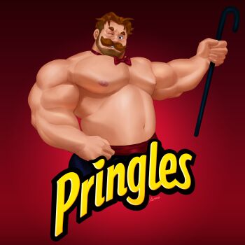1boy absurdres bara beard belly biceps blue_eyes cane cropped_legs facial_hair full_beard highres holding holding_cane huge_pectorals julius_pringles lemz_(adrawingpotato) looking_at_viewer male_focus mature_male muscular muscular_male mustache navel nipples one_eye_closed parody pringles sanpaku seductive_smile short_hair smile solo strongman_waist thick_eyebrows thick_mustache topless_male