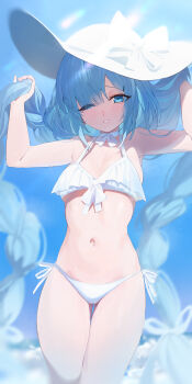 1girl absurdres azur_lane berserker_r bikini blue_eyes blue_hair bow bowtie breasts bright_background chinese_commentary choker commentary_request eyes_visible_through_hair frills hair_over_one_eye hands_in_own_hair hat highres janus_(azur_lane) janus_(shimmering_splashes_above_the_clouds)_(azur_lane) long_hair looking_at_viewer navel official_alternate_costume one_eye_closed outdoors small_breasts solo sun_hat swimsuit water white_bikini white_hat