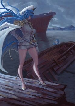 Rule 34 | 3girls, absurdres, aegis (nikke), anchor (nikke), blue hair, boat, cloud, cloudy sky, coat, coat on shoulders, gloves, goddess of victory: nikke, hair intakes, hat, helm (nikke), high heels, highres, insignia, jpmc, long hair, mast (nikke), mountain, multiple girls, naval jacket, shipwreck, shoulder boards, sky, thighs, very long hair, watercraft, white coat, white gloves, white hat