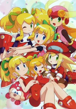 6+girls :d :o ;) ;d android blonde_hair blue_eyes blush character_pillow chibi closed_mouth commentary confetti dot_nose dress english_commentary green_eyes green_ribbon hair_ribbon hat kataiwa_yuri knees_together_feet_apart long_hair lying mega_man:_powered_up mega_man_(classic) mega_man_(series) mega_man_battle_network_(series) mega_man_legends_(series) multiple_girls multiple_persona official_art on_back on_stomach one_eye_closed open_mouth ponytail red_dress red_hat red_shoes ribbon roll.exe_(mega_man) roll_(mega_man) roll_caskett_(mega_man) rush_(mega_man) scan shoes short_sleeves sidelocks smile teeth third-party_source tongue tongue_out upper_teeth_only
