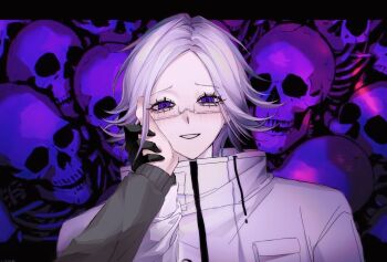 2boys aotsuki_eito blush bone breast_pocket glasses grey_hair hand_grab hand_on_another's_face jacket letterboxed looking_at_viewer male_focus multiple_boys outside_border pocket pov pov_hands purple_eyes short_hair skull smile solo_focus sumino_takumi the_hundred_line_-last_defense_academy- upper_body variant_set white_jacket yan_(9002532944)