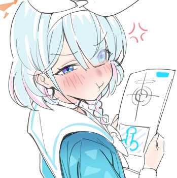 1girl anger_vein arona_(blue_archive) blue_archive blue_eyes blue_hair blush bow braid commentary_request eyes_visible_through_hair hair_bow hair_over_one_eye headband highres looking_at_viewer multicolored_hair penis_drawing pout purple_hair rong_hui simple_background white_background