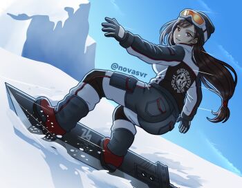 Rule 34 | 1girl, alternate costume, ass, black gloves, breasts, brown hair, final fantasy, final fantasy vii, full body, gloves, goggles, goggles on head, hair tie, highres, long hair, looking at viewer, low-tied long hair, novasvr, outdoors, parted lips, red eyes, snow, snow boots, snowboard, solo, tifa lockhart, twitter username, winter clothes
