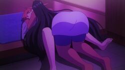 1boy 2girls animated anime_screenshot ass black_hair blue_shorts blush bouncing_breasts braid breast_sucking breasts brown_eyes chotto_dake_ai_ga_omoi_dark_elf_ga_isekai_kara_oikakete_kita clothes_lift dark-skinned_female dark_elf dark_skin door elf floor green_eyes highres large_breasts lifting_own_clothes long_hair mariabelle_(chotto_dake_ai_ga_omoi_dark_elf_ga_isekai_kara_oikakete_kita) mochida_sakura_(aiomodarkelf) multiple_girls navel nipples on_floor pacifier pointy_ears shirt_lift short_hair shorts sidelocks sleeveless slit_pupils sound stomach sunohara_hinata tagme very_long_hair video walk-in white_hair yellow_eyes