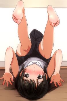 1girl absurdres barefoot black_eyes black_hair black_skirt closed_mouth commentary_request highres looking_at_viewer lying matsunaga_kouyou on_back original shirt short_hair skirt soles solo toes white_shirt