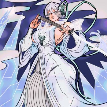 1girl 2025 alternate_breast_size_(larger) bankai bare_shoulders bleach bleach:_sennen_kessen-hen breasts collarbone detached_sleeves female_focus hair_ornament hakka_no_togame_(bankai) holding holding_sword holding_weapon ice kuchiki_rukia large_breasts master_dcj medium_hair parted_lips sideboob standing sword weapon white_hair wide_hips zanpakutou