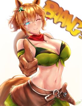1girl ;) absurdres aiming aiming_at_viewer animal_ears armband bandeau bare_shoulders blue_eyes breasts brown_gloves brown_hair cleavage closed_mouth colt_single_action_army commentary commentary_request cowboy_hat cowboy_shot english_commentary finger_gun gloves glowing glowing_eye green_armband green_bandeau green_skirt groin gun hair_between_eyes hair_ornament handgun hat hat_on_back heart highres holstered horse_ears horse_girl horse_tail kentazeta4517 large_breasts long_hair looking_at_viewer midriff mixed-language_commentary navel one_eye_closed ponytail red_scarf revolver scarf sidelocks simple_background skirt smile solo sound_effects standing star_(symbol) star_hair_ornament taiki_shuttle_(umamusume) taiki_shuttle_(wild_frontier)_(umamusume) tail umamusume weapon white_background wink_heart